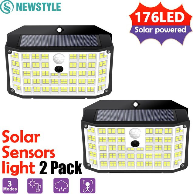 Solarbetriebene LED-Flutlichter mit 176 LEDs und Bewegungsmelder, wasserdichte Sicherheitswandleuchten für Garten und Außenbereich, weiß - Bild 1
