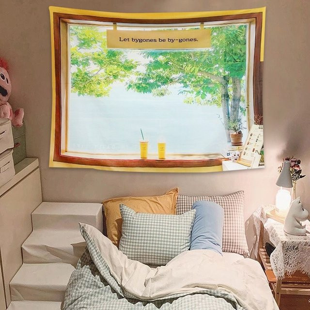 VIKAMA Wandteppich mit künstlicher Fensteransicht und inspirierendem Zitat in Multicolour, Wandbehang mit Naturlandschaft für dein Schlafzimmer oder Wohnzimmer, B/H: 60 x 40 cm - Bild 1
