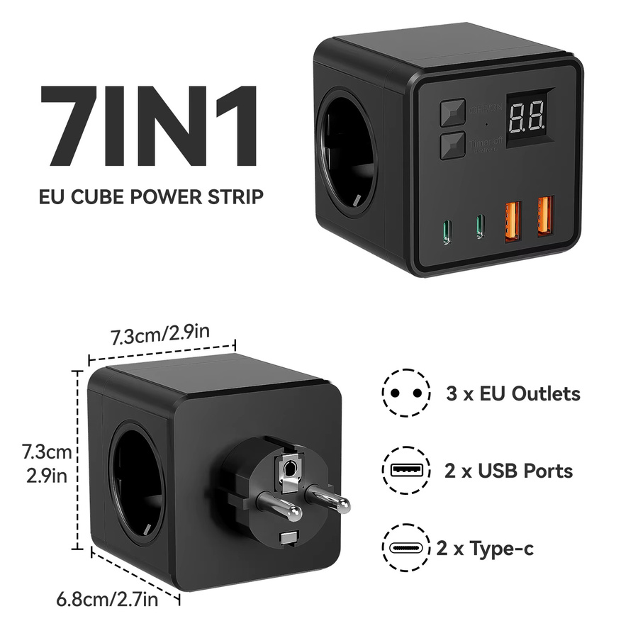 7-in-1 EU Steckdosenleiste mit Überspannungsschutz, 3 AC-Steckdosen, 3 USB-Anschlüsse und 1 USB-C-Anschluss, zeitgesteuerte Desktop-Ladestation in Schwarz oder Weiß - Bild 3