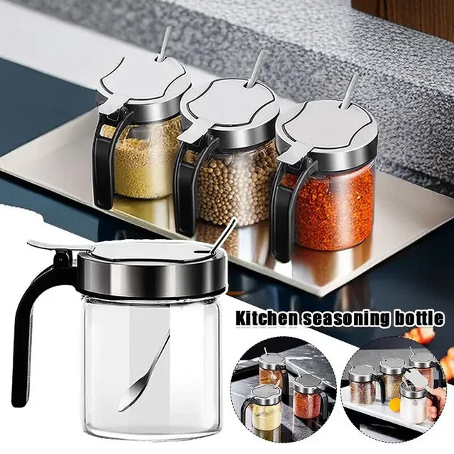 LIJIAO Gewürzglas aus Glas mit Löffel für Salz, Zucker oder Gewürze, 300 ml, transparent/grau - Bild 1