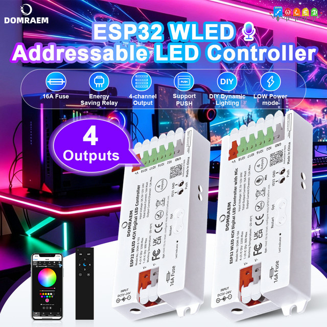 DOMRAEM ESP32 4-Kanal WLED-Controller mit 16A Sicherung und Level Shifter, Sound-Sync-kompatibel für WS281x Digital RGB IC LED-Streifen mit WiFi und Fernsteuerung - Bild 1