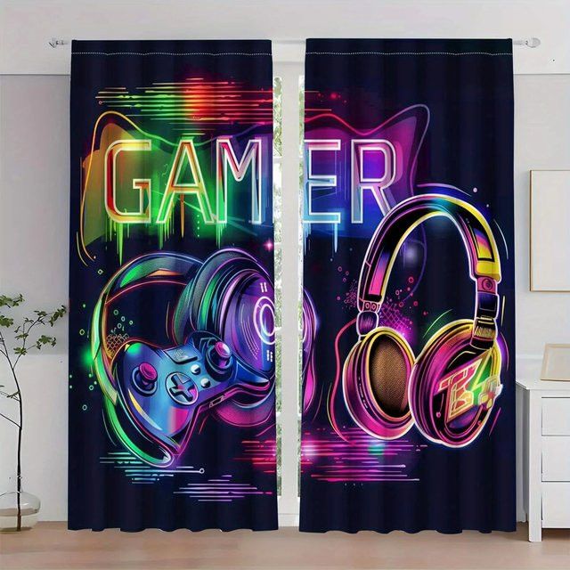VIKAMA 2-teiliges Set Vorhänge im Cyberpunk-Stil für Wohnzimmer und Kinderzimmer, Multicolor, Polyester - Bild 1