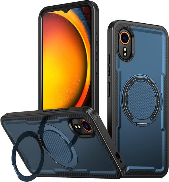 Samsung Galaxy XCover7 Hülle mit Ständer und MagSafe-Kompatibilität, Stoßfeste Hybrid-Handyhülle mit Kohlefaser-Textur in Schwarz und Blau - Bild 1