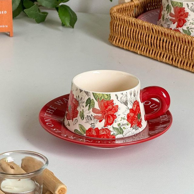 Keramik Kaffeetasse mit Untertasse im floralen Retro-Stil mit roter Pfingstrose, braun, 260 ml - Bild 1