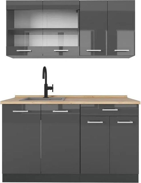 Vicco R-Line Küchenzeile Anthrazit Hochglanz und Eiche, Breite: 140 cm - Bild 1