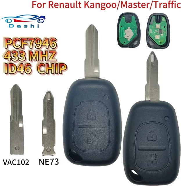 Da Shi Auto Schlüssel Fernbedienung für Renault Traffic Master Movano Kangoo Vivaro mit ID46 Chip PCF7946 433 MHz und 2 Tasten in Schwarz - Bild 1