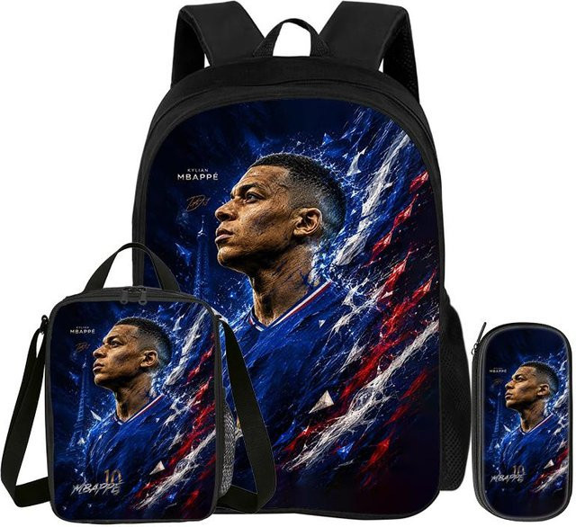 Fancy Style Studio Fußball Sport Rucksack M-Mbappe 3er Set in Blau mit Federmäppchen und Brotdose - Bild 1