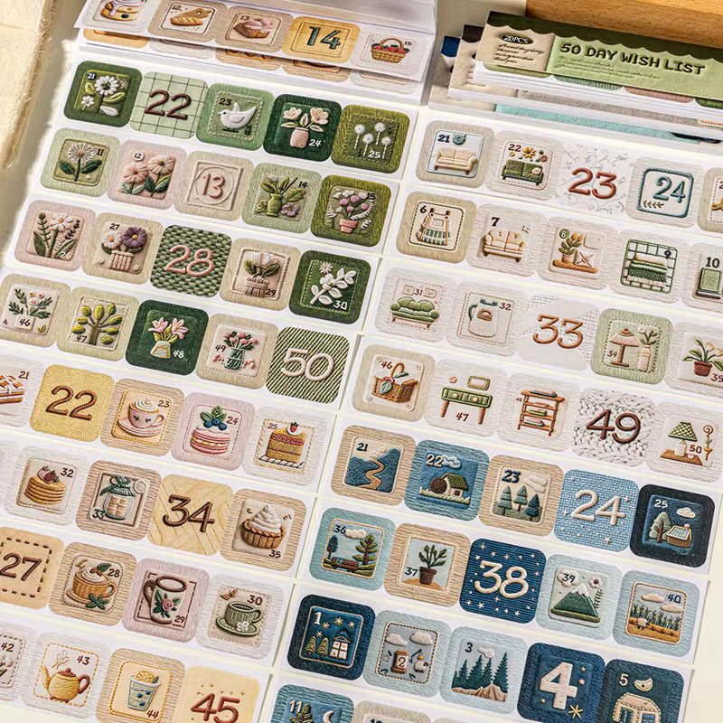 Leaffei Gestanzte Aufkleber-Bücher 50-Tage-Wunschliste im Stickerei-Stil, DIY Deko-Collage-Material, Mehrfarbig - Bild 1