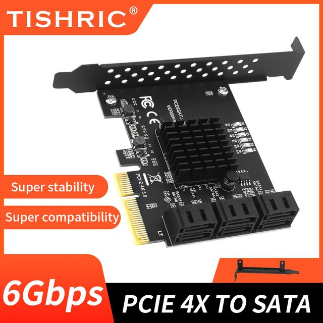 TISHRIC PCIe SATA 3.0 Erweiterungskarte mit 4 bis 6 Ports, 6 Gbit/s Controller für HDD und SSD, Schwarz - Bild 1