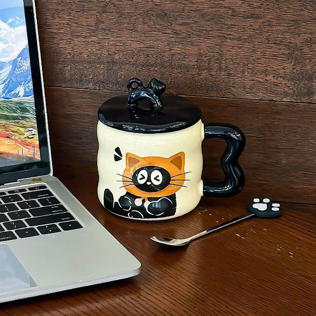 Yiran toy 1 Keramikbecher mit Kattenmotiv und Deckel, Braun, 380 ml - Bild 1