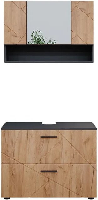 Vicco Badmöbelset Irma in Anthrazit und Eiche, bestehend aus Spiegelschrank und Waschtischunterschrank, modern gestaltet, Breite: 80 cm - Bild 2