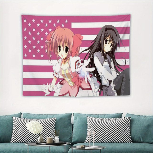 Madoka Magica Anime-Wandteppich mit Madoka und Homura in Pink, Polyester-Wandbehang für deine Raumdekoration, Breite: 40 cm, Höhe: 40 cm - Bild 1
