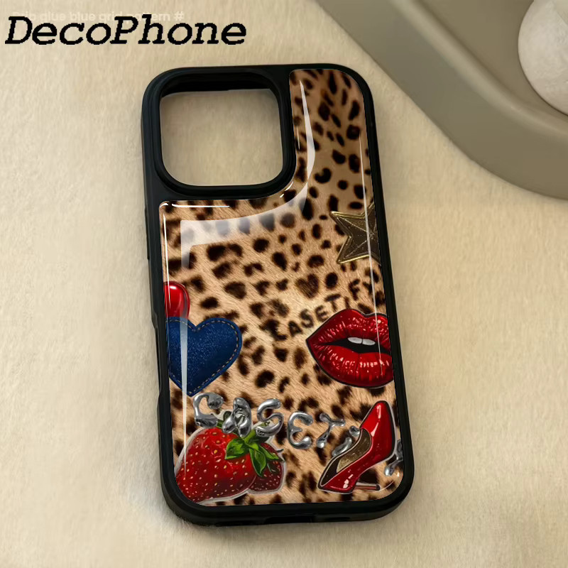 DecoPhone Handyhülle mit Leopardenmuster und Erdbeer-Design aus Epoxy für iPhone 11 bis 16 Pro Max, sturzsicher, Multicolour - Bild 3