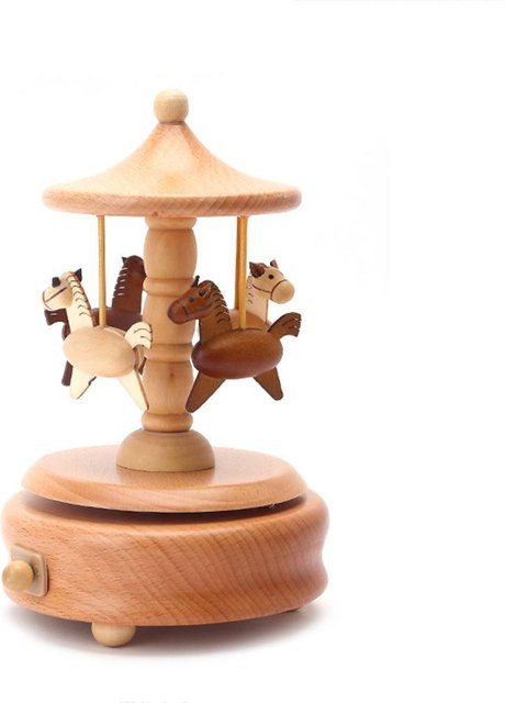 Aufziehbare Karussell Spieluhr aus Holz in Braun als dekoratives Musikinstrument für Mädchen und als Schreibtisch-Ornament - Bild 1