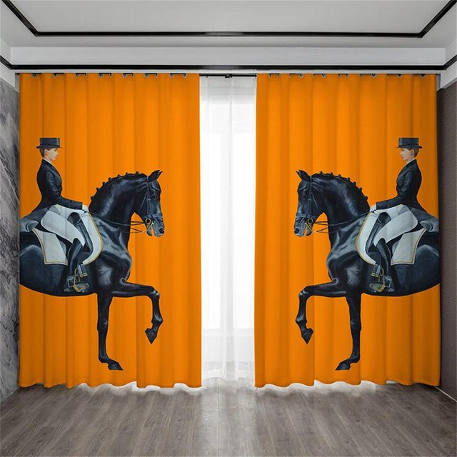 2er Set dekorative Vorhänge mit 3D Pferdemuster in Orange, semi-transparent mit Ösen, Breite: 50 cm, Höhe: 130 cm - Bild 1