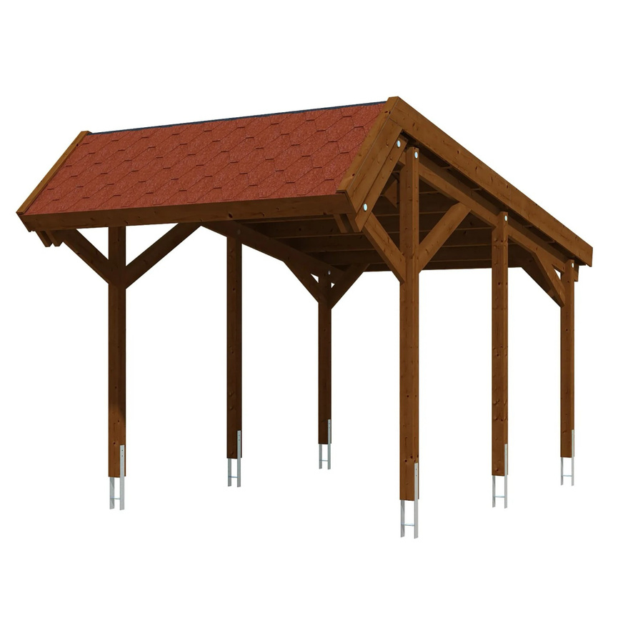 Skan Holz Carport Harz aus Nadelholz in Nussbaum mit roten Dachschindeln B: 321 cm, T: 560 cm - Bild 2