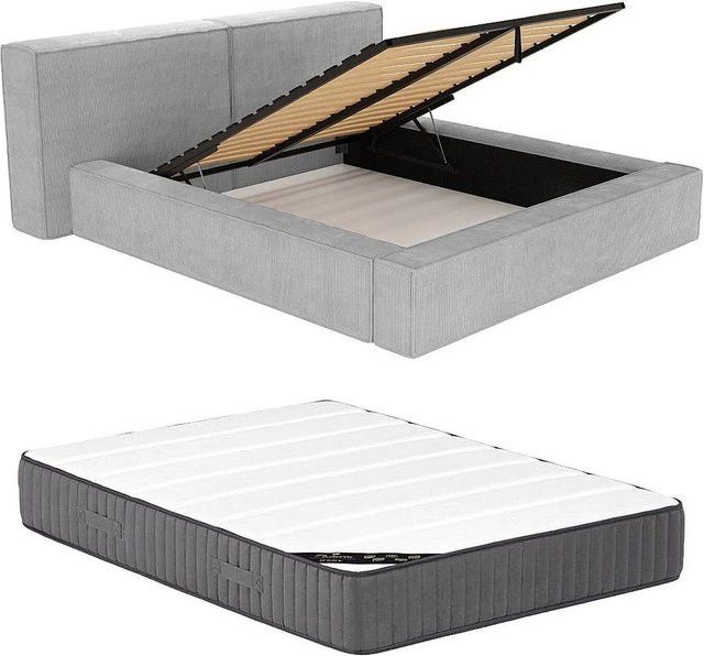 Vente-unique Bett Timano mit Bettkasten und Cord-Polsterung in Hellgrau, Breite: 160 cm, Länge: 226 cm - Bild 1