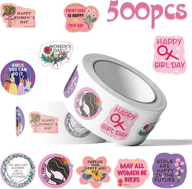 500 Stück Cartoon Frauen Tag Rollen Aufkleber in Multicolour für Telefon, Sammelalbum, Koffer und Skateboard, wasserfeste DIY Ästhetik Aufkleber - Bild 1
