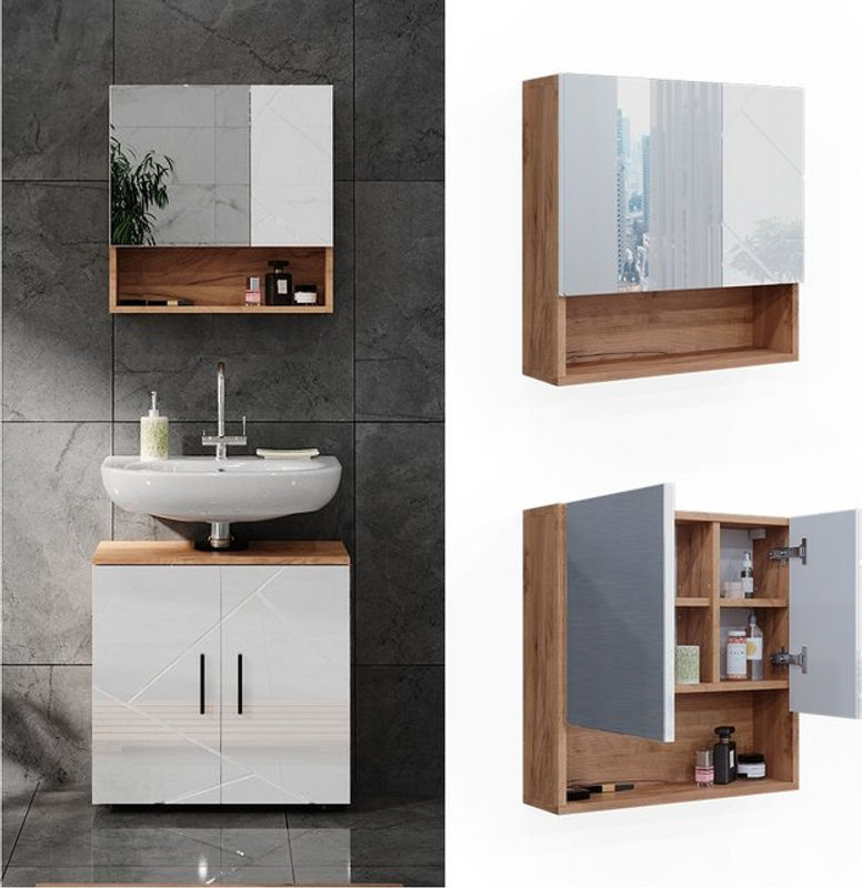 Vicco Spiegelschrank Irma in Eiche und Weiß Hochglanz mit 2 Türen, B: 54 cm, H: 55 cm, T: 16,9 cm - Bild 2