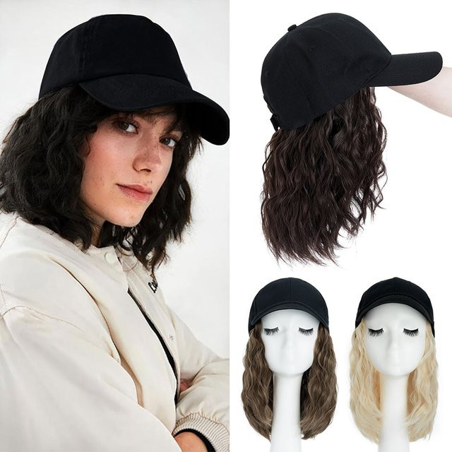 Snoilite Baseballkappe mit Haarverlängerungen, lockige Bob-Perücke, Damen - Bild 1