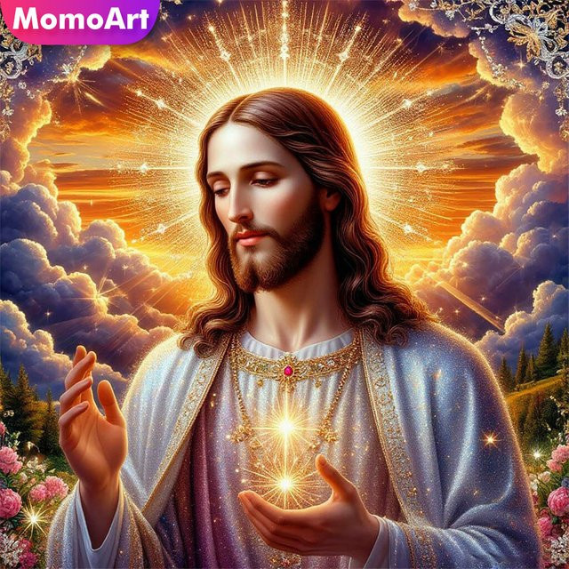 Momoart 5D-Diamantgemälde Jesus-Motiv mit Blumen und Wolken, Mosaik-Strass-Stickerei für Anfänger, Multicolour, B/H: 20 x 20 cm - Bild 1