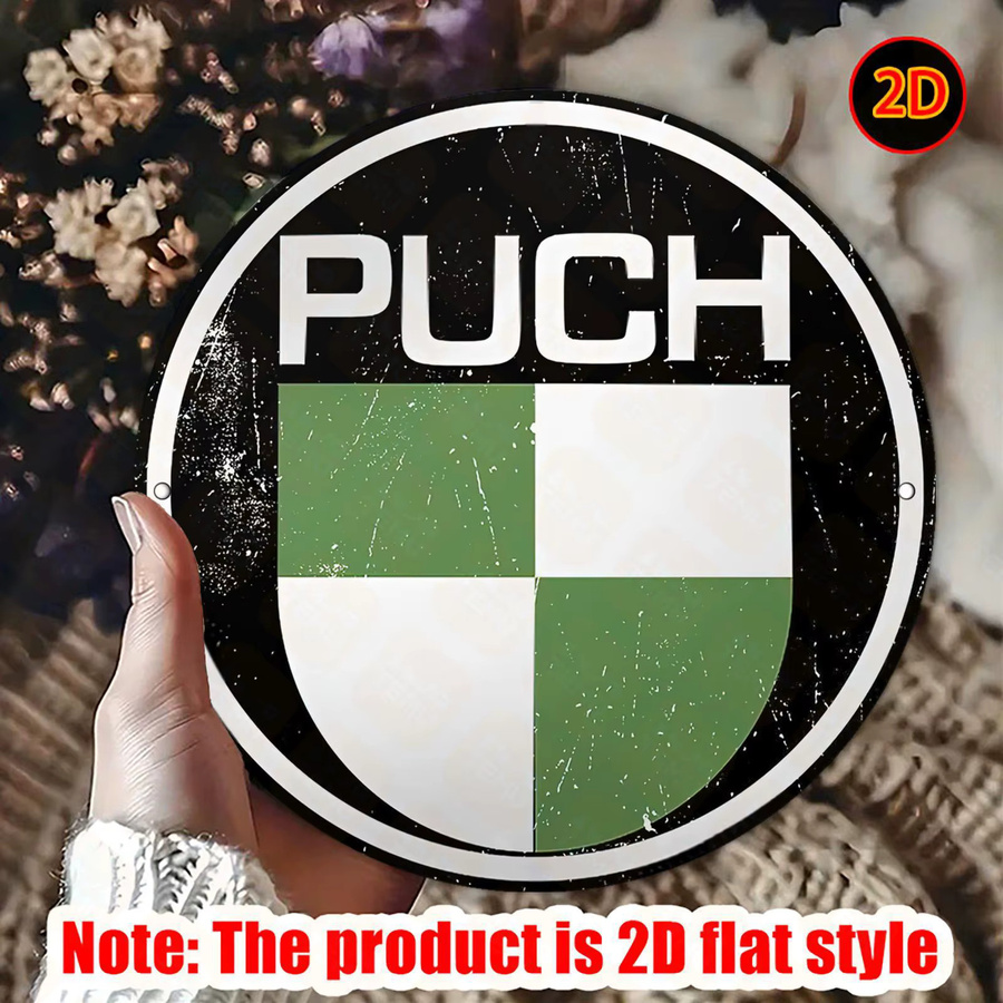 Potdemiel Vintage Metallschild PUCH rund mit grün-weiß kariertem Design aus Aluminium - Bild 2