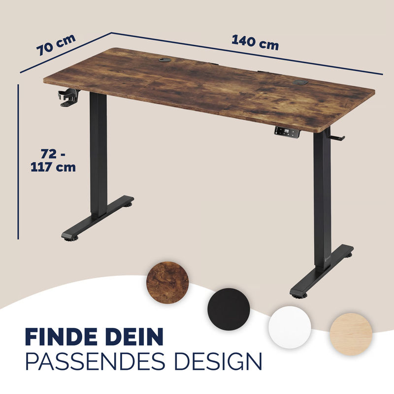 CASARIA Elektrischer höhenverstellbarer Schreibtisch in Braun mit Melaminplatte und Kabelwanne, B/T/H: 140 x 60 x 72-117 cm - Bild 3