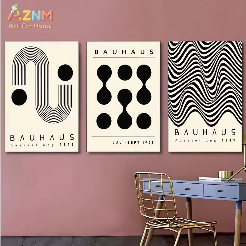 AZNM Bauhaus Geometrischer Leinwand-Wandkunstdruck in Schwarz und Beige mit abstraktem Retro-Design - Bild 2