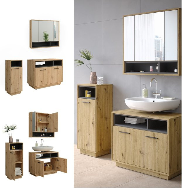 Vicco Badmöbel-Set Beatrice in Eiche und Anthrazit, modernes 3-teiliges Badezimmer-Set bestehend aus Spiegelschrank, Waschtischunterschrank und Midischrank - Bild 1