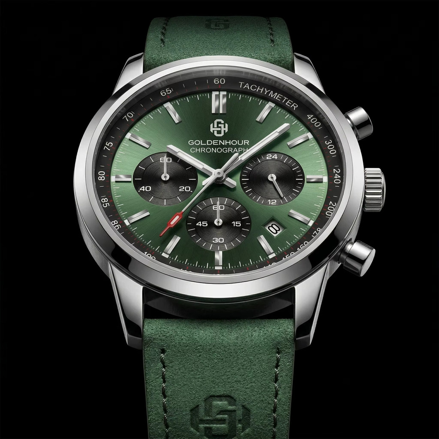 GOLDENHOUR Chronograph, Herren, Grün, Quarz, Leder, wasserdicht - Bild 2