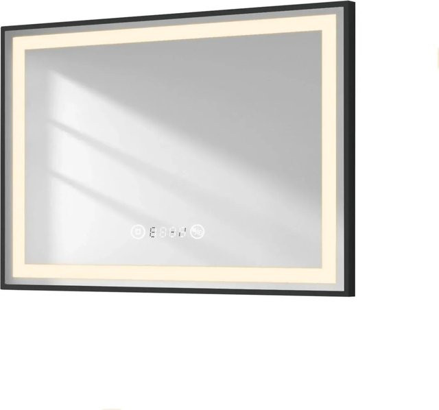 Emke Badspiegel mit Beleuchtung in Schwarz mit Touch-Funktion, Antibeschlag, Uhr und Temperaturanzeige, dimmbar, B: 70 cm, H: 50 cm - Bild 1
