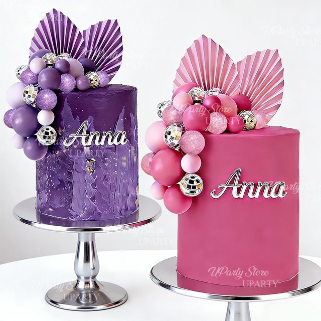 32 Stück MicroPlush Discokugeln und lila Palmblätter als Kuchendekoration für Geburtstag, Hochzeit und Party - Bild 1