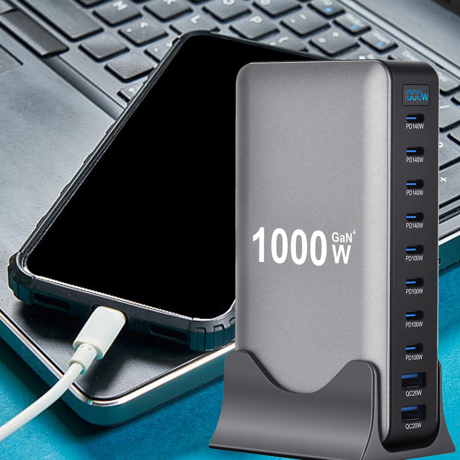 OEING 1000W GaN Schnelle Ladestation mit 10 Ports und PD 3.1 USB Typ C Desktop Ladegerät in Grau - Bild 2
