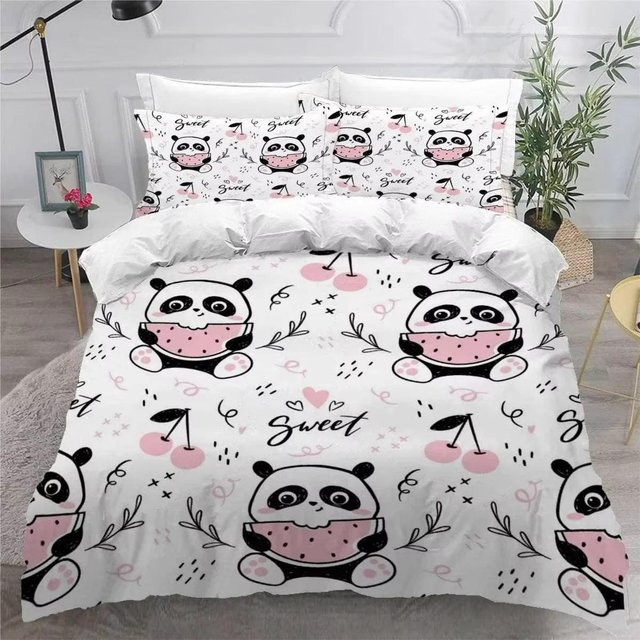 Niedriges Panda Cartoon Bettwäsche-Set für Einzelbetten aus Mikrofaser, Weiß, 2-teilig mit Bettbezug und Kissenbezug, B/H: 140 x 70 cm - Bild 1