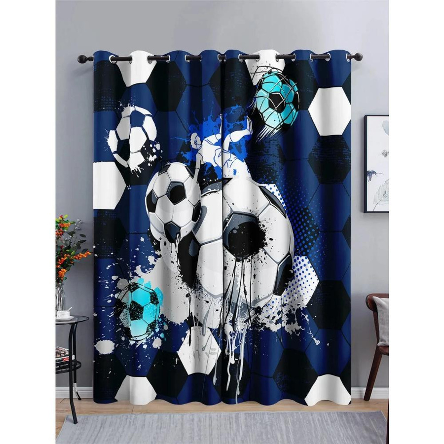 Yiran Furniture Fußball Graffiti Vorhänge für Kinder, 2er-Set, Mehrfarbig, Polyester, B: 50 cm, H: 130 cm - Bild 2