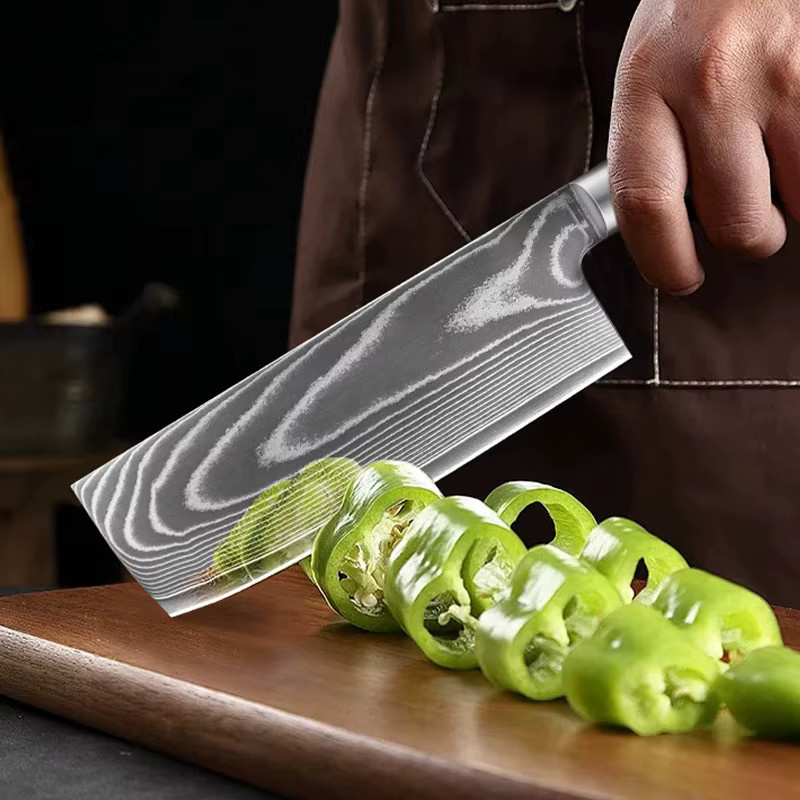 Baovim 3-teiliges Damast-Küchenmesser-Set mit Nakiri- und Hackmesser sowie Harzholzgriff - Bild 3