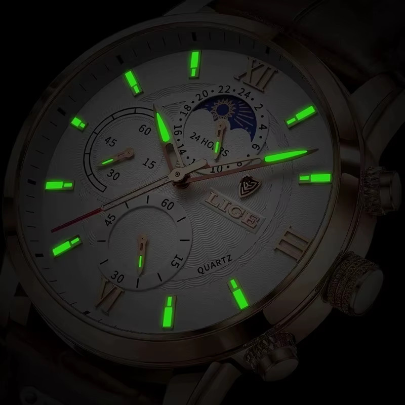 LIGE Chronograph Armbanduhr, Leder, Quarz, Roségold, Herren - Bild 4