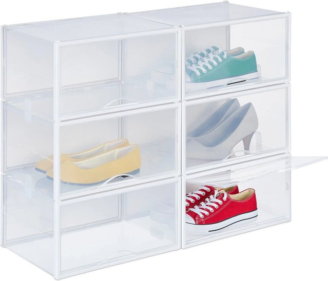 Relaxdays Schuhboxen 6er Set aus Kunststoff, transparent und stapelbar, B: 34,5 cm, T: 19 cm, H: 27 cm - Bild 1