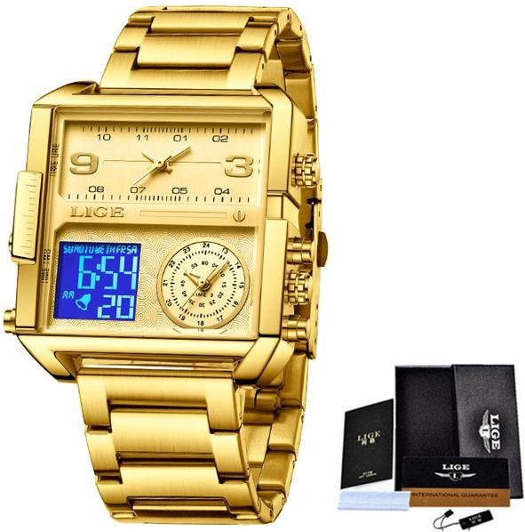 LIGE Armbanduhr, Quarz, Analog-Digital, Eckig, Gold, Leder, Herren - Bild 1
