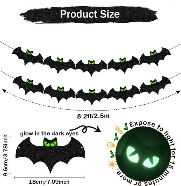 ZQNYCY Halloween Papierbanner mit im Dunkeln leuchtenden Fledermaus-Augen in Schwarz als Hängegirlande zur Dekoration - Bild 1