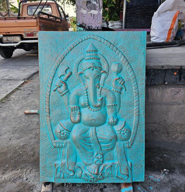 SHAMTAM Ganesha Reliefskulptur aus Eisen in Türkis, B: 70 cm, H: 70 cm - Bild 1