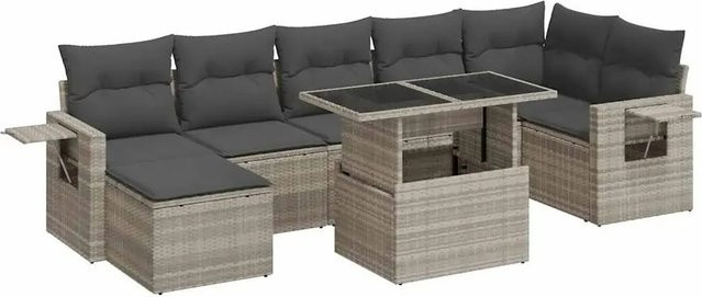 vidaXL 8-tlg. Garten-Sofagarnitur in L-Form aus Poly-Rattan mit Kissen in Hellgrau - Bild 1