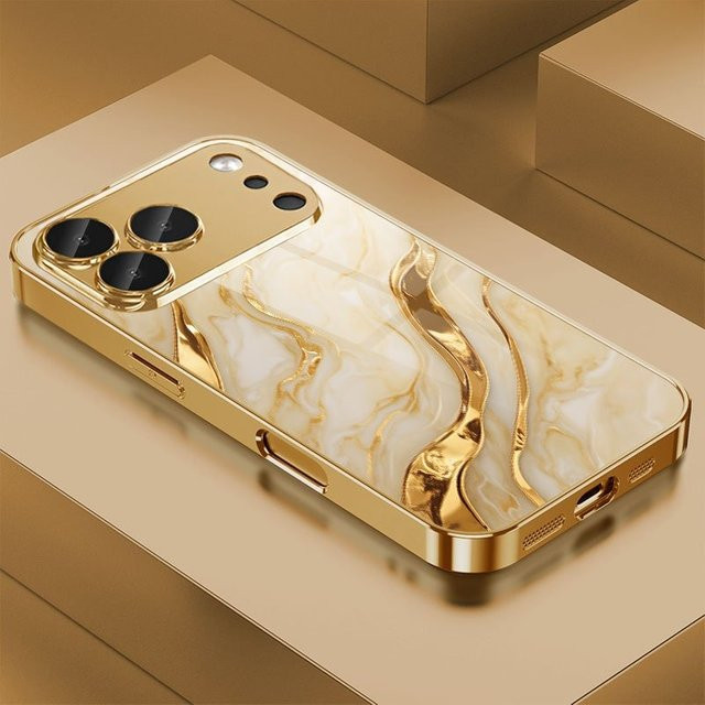 Handyhülle aus gehärtetem Glas mit goldenem Marmor-Wellenmuster für Apple iPhone 11 bis iPhone 18 Pro Max Plus und 17Air - Bild 1