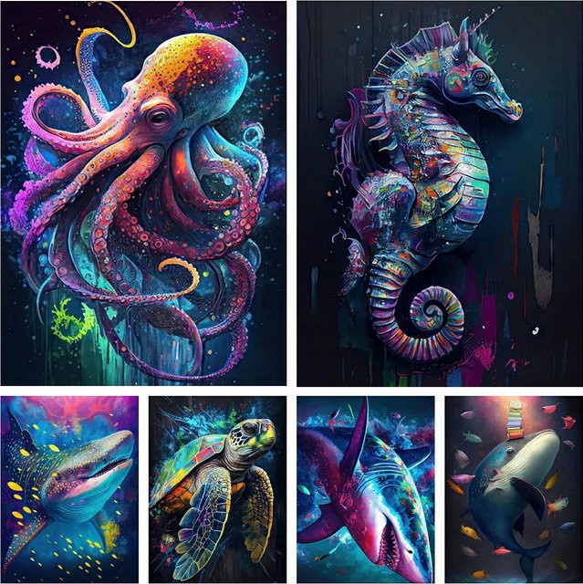 YUTTEE DIY Diamantmalerei Mosaik Stickerei Set Ozean Wildleben mit Hai, Seepferdchen, Oktopus und Schildkröte in Multicolor als Wandkunst - Bild 1