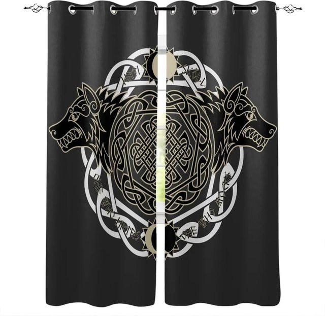 Dekorative Vorhänge mit 3D Viking Wolf Totem Motiv von A Family Of Home Textiles in Schwarz, Höhe: 240 cm, Breite: 95 cm - Bild 1