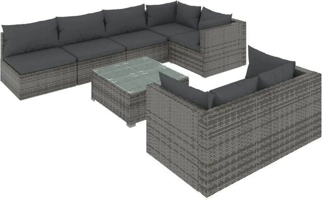 vidaXL 8-teiliges Garten-Lounge-Set in U-Form aus grauem Poly-Rattan mit Kissen und Glastisch - Bild 1
