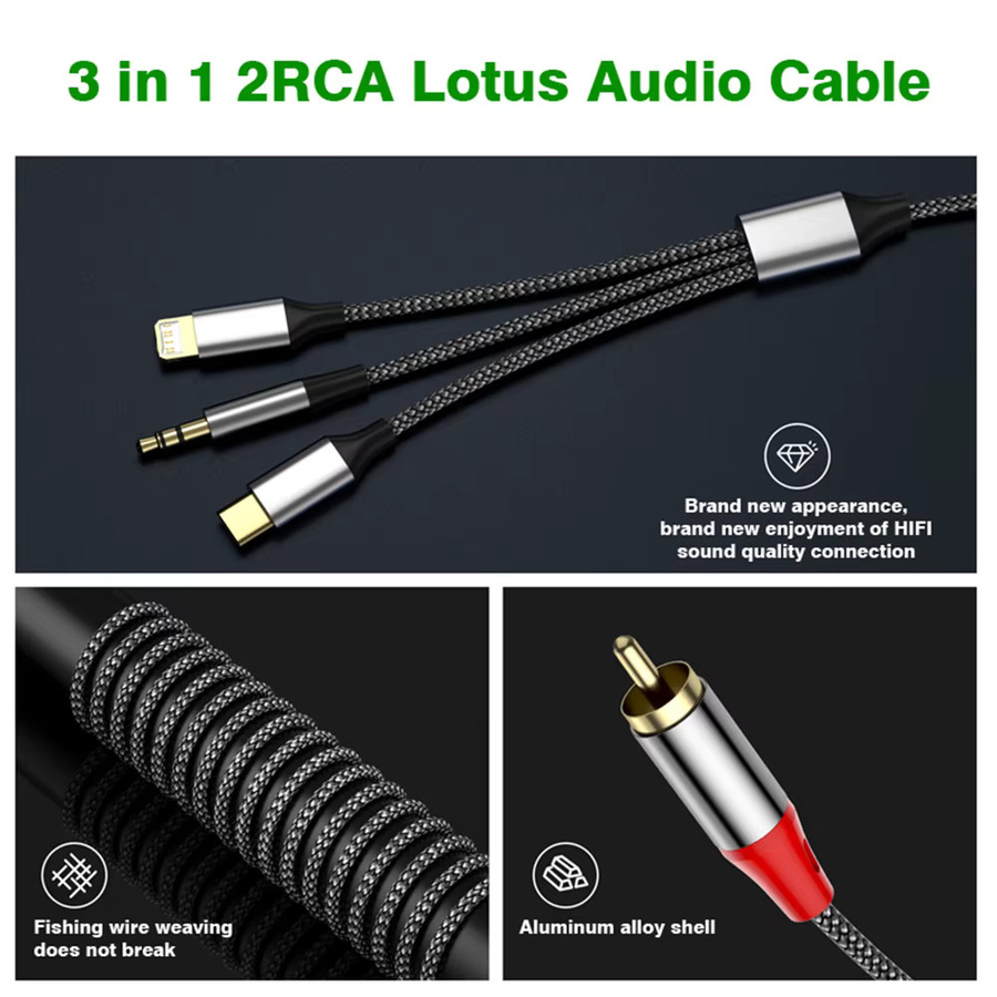 3-in-1 Audio-Adapter Set mit 3,5 mm Klinke, USB-C und Lightning auf 2 Cinch-Audiokabel für Verstärker, Auto und Heimkino-Lautsprecher - Bild 4