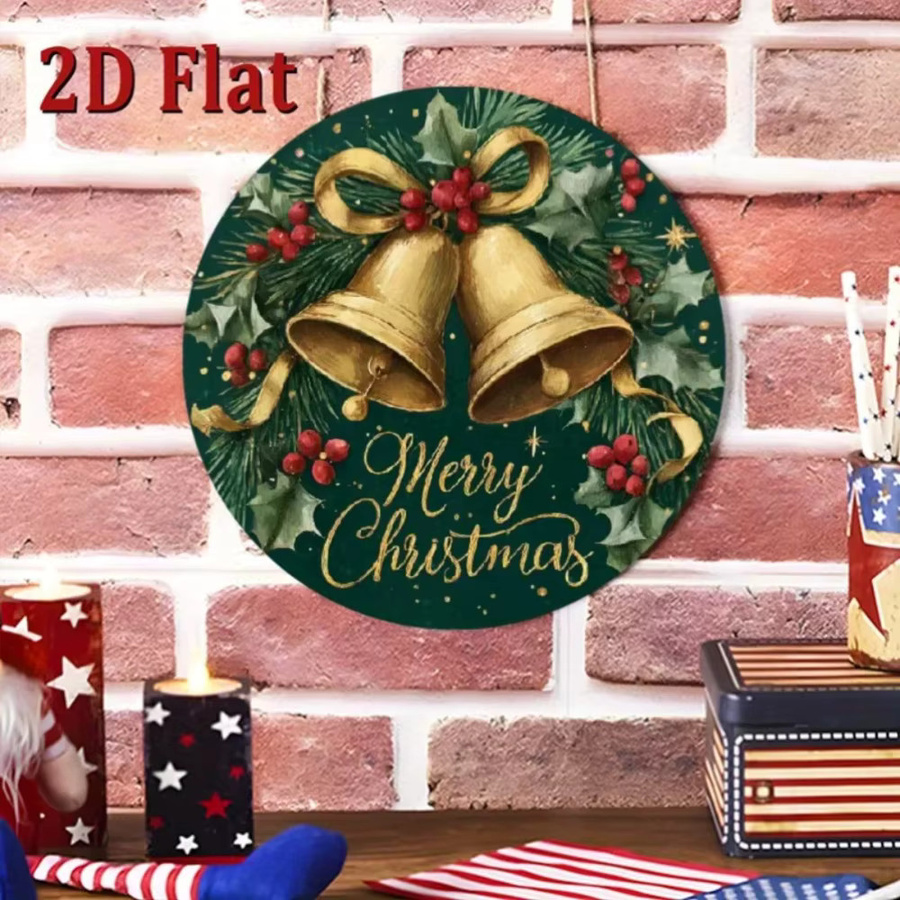 CIFBUY Vintage Weihnachts-Wanddekoration aus Metall mit Merry Christmas Schriftzug und goldenen Glocken, Rund, Durchmesser: 20 cm - Bild 3