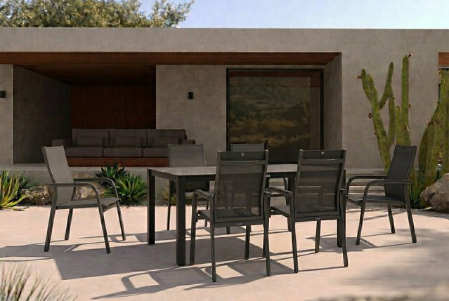 Kettler BasicPlus Garten-Essgruppe in Anthrazit mit Tisch und 6 Stapelsesseln aus Alu, Spraystone und Textil, B/T: 160 x 95 cm, H: 74 cm - Bild 1
