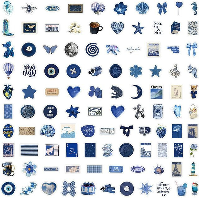 Binchi Outdoor Product 103 Blatt Blaue Element-Sticker Ästhetische Dekorations-Aufkleber aus Papier für Handyhülle, Laptop und Tagebuch - Bild 1